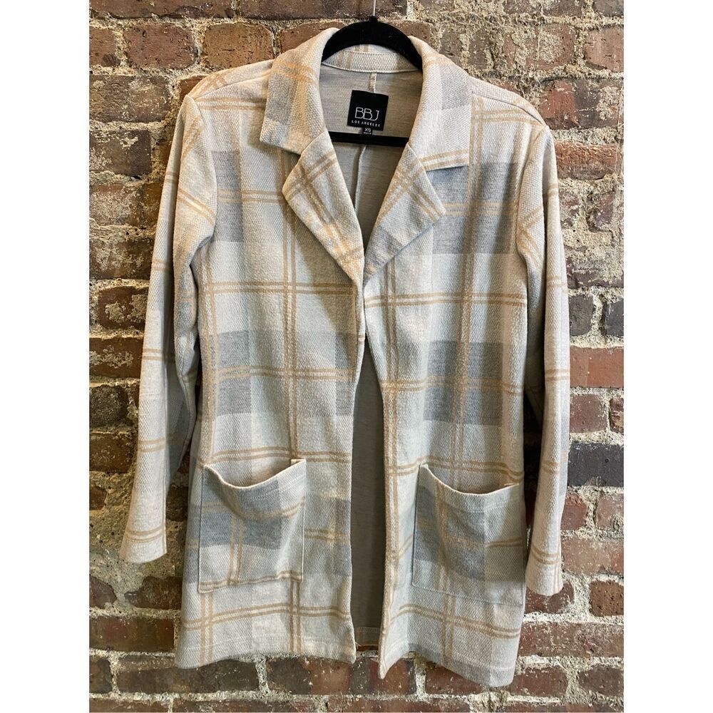 BBJ Los Angeles Tan/Fray Plaid Collared Cardigan Sweater Women’s Size XS